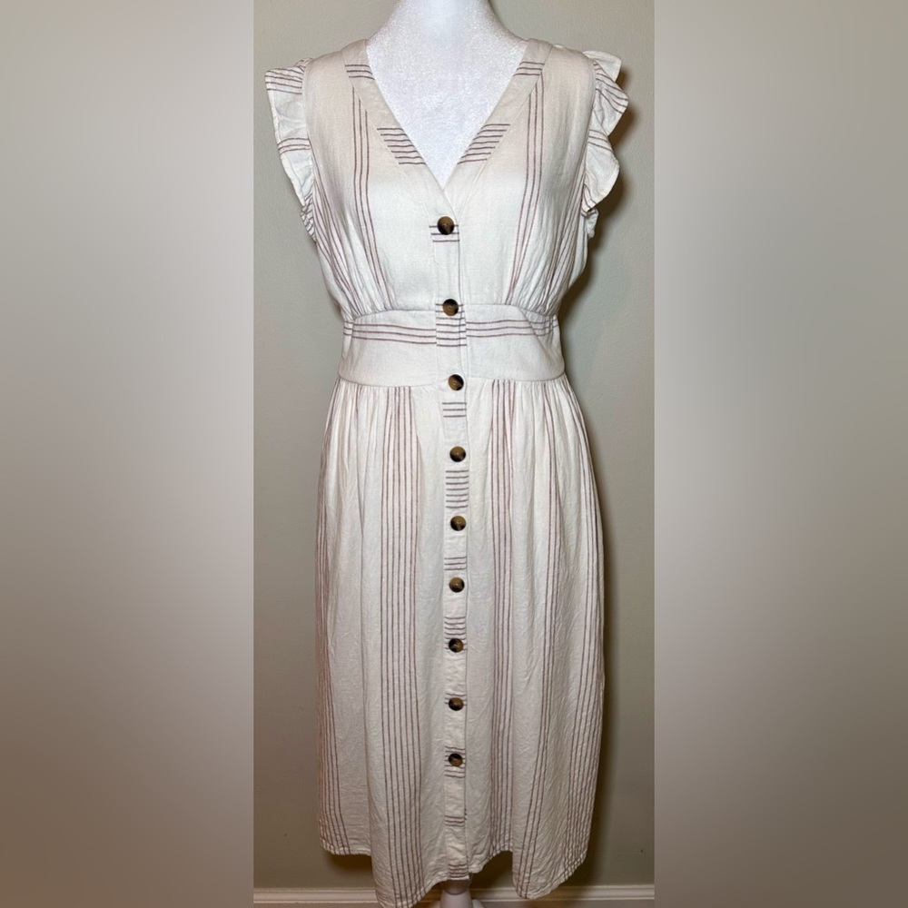 Time and Tru White Ruffle Sleeved Striped Button-Down Dress
